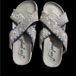 Free People Floral Embroidered Sandals - Cream and Pink